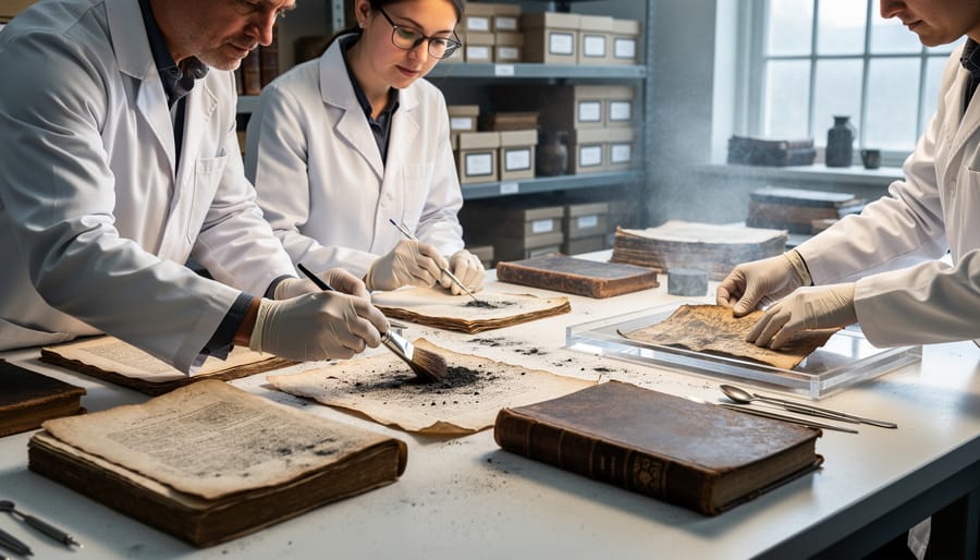 Conservator's hands carefully cleaning fire-damaged antique book with specialized tools