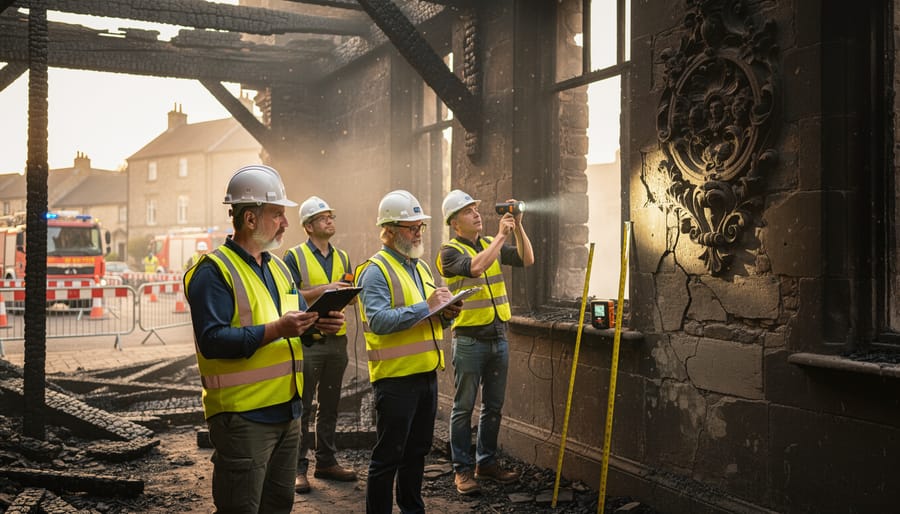Conservation specialist examining fire-damaged wooden beams in historic stone building