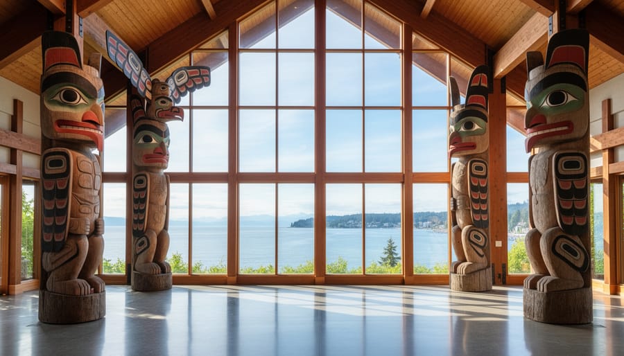 Interior of Museum of Anthropology Great Hall with totem poles and natural lighting