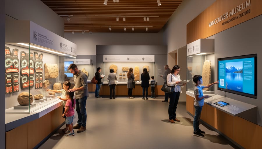 Family viewing archaeological exhibits in Vancouver museum gallery