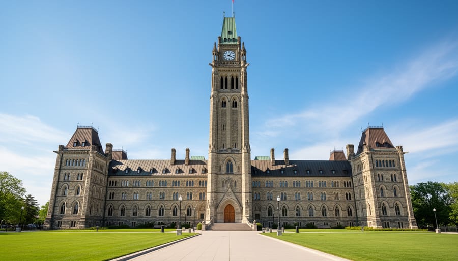 Parliament Centre Block Peace Tower showcasing restored Gothic Revival architecture