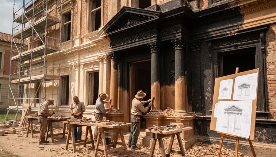 Craftsperson carving heritage wooden architectural detail using traditional hand tools