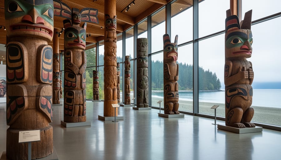 Interior of UBC’s Museum of Anthropology Great Hall with monumental Northwest Coast First Nations totem poles and carved house posts lit by natural daylight, floor-to-ceiling glass revealing coastal trees, shoreline, and calm ocean beyond in a quiet, early-day setting.