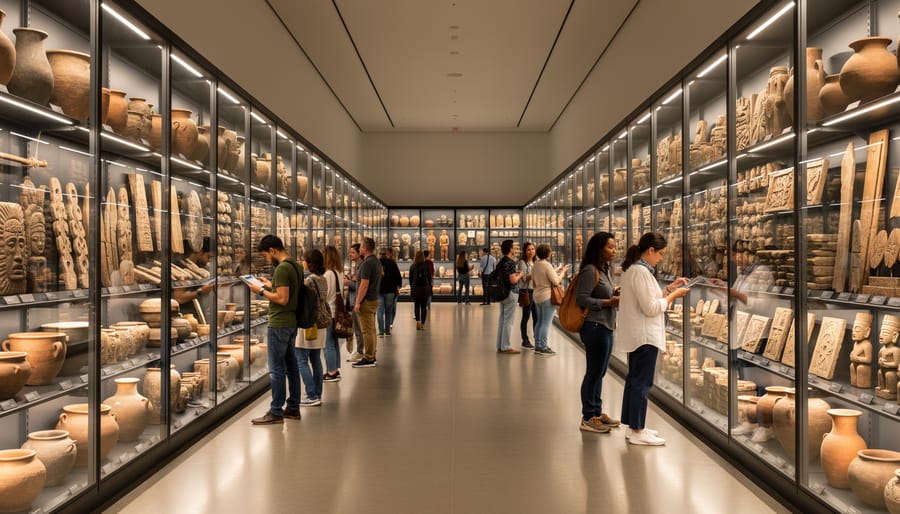 Open storage drawers displaying First Nations artifacts including baskets and carved items