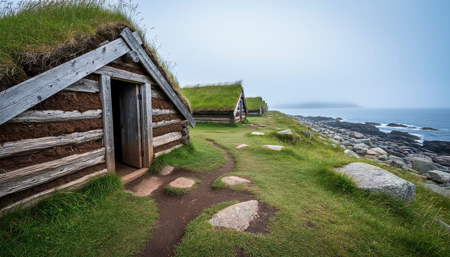 Reconstructed Norse sod buildings at L’Anse aux Meadows with wind-swept grass and a foggy Newfoundland coastline in the background.