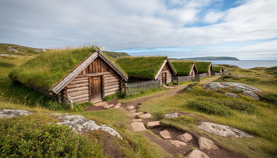 Reconstructed Norse sod buildings at L'Anse aux Meadows with the Newfoundland coastline in the distance