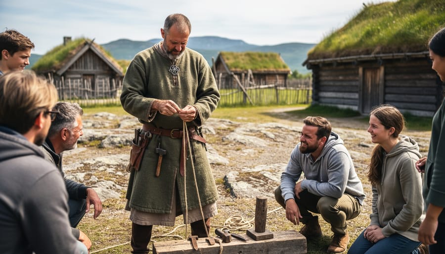 Costumed interpreter demonstrating Viking-era craft near reconstructed Norse buildings at L'Anse aux Meadows