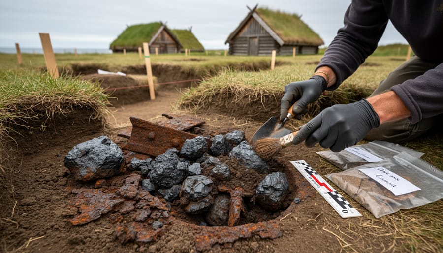 Close-up of dark slag and rusted metal fragments on iron-stained soil at an archaeological excavation site.