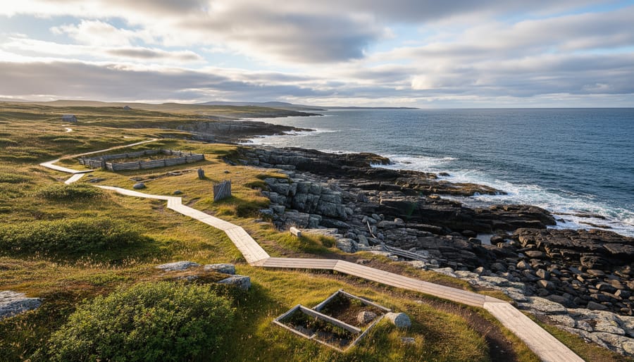 Coastal landscape at L’Anse aux Meadows with reconstructed Norse buildings and rugged shoreline