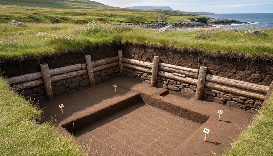 Excavated timber and turf building foundation at L’Anse aux Meadows with visible earth and peat textures.