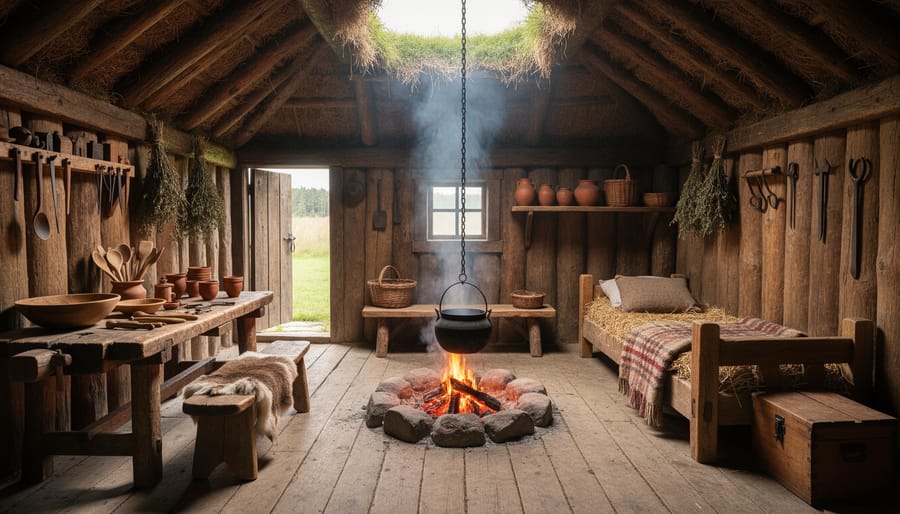 Interior view of a reconstructed Norse turf-house with a stone hearth, firewood, and wooden benches.