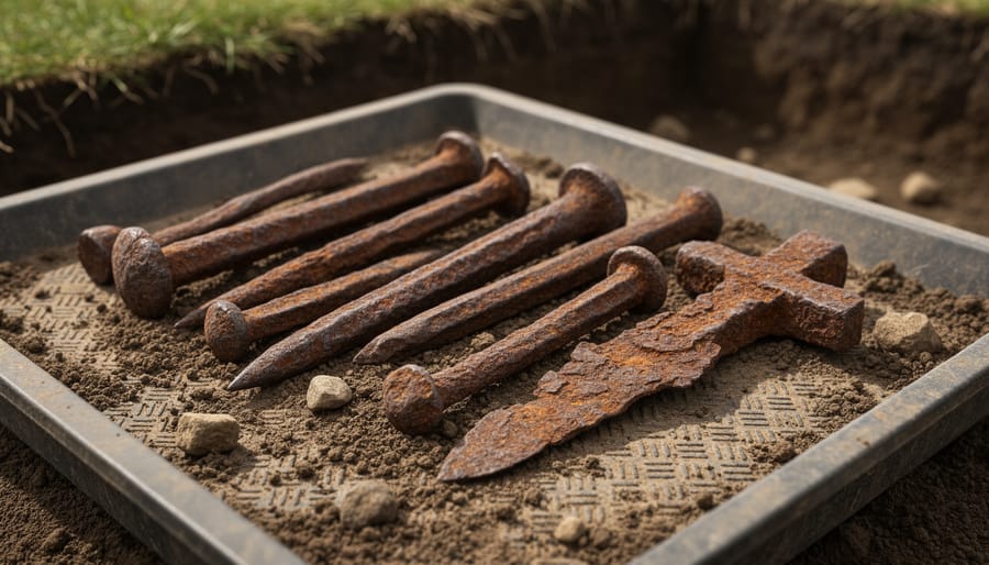 Iron nails and a small iron tool on excavation soil near a reconstructed turf wall