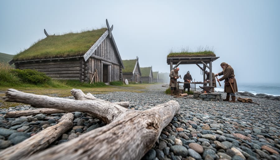 Reconstructed Viking longhouses with sod walls and a small forge area at L’Anse aux Meadows on Newfoundland’s windswept coastline, with interpreters demonstrating traditional crafts.