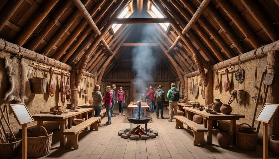 Reconstructed Viking longhouse interior with turf walls, wooden beams, and period-style household items