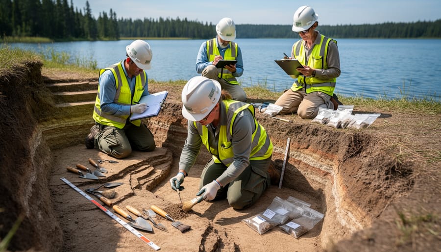 Archaeologists carefully excavating soil in a shallow trench near Williams Lake