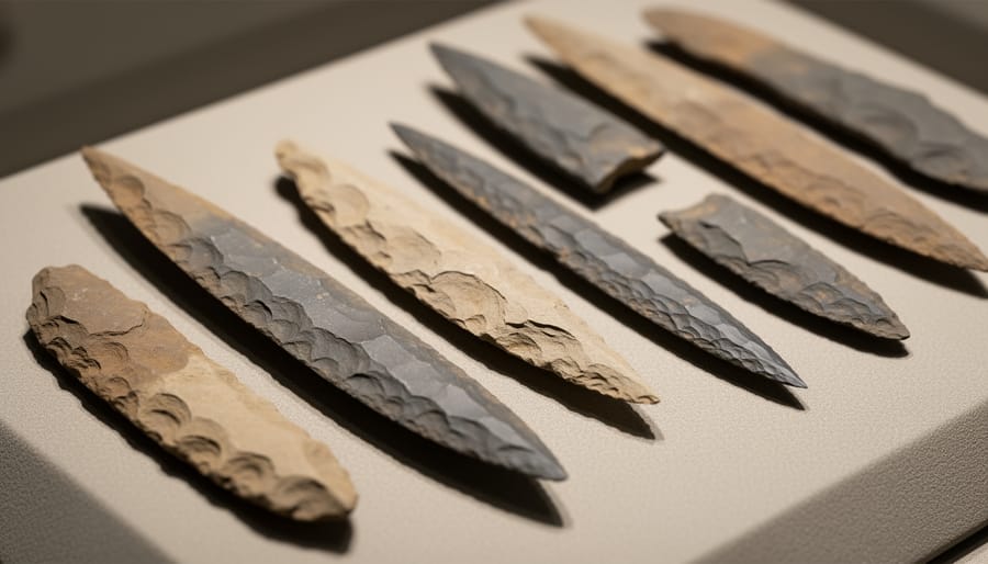 Close-up of ancient stone tools and lithic flakes on a padded surface
