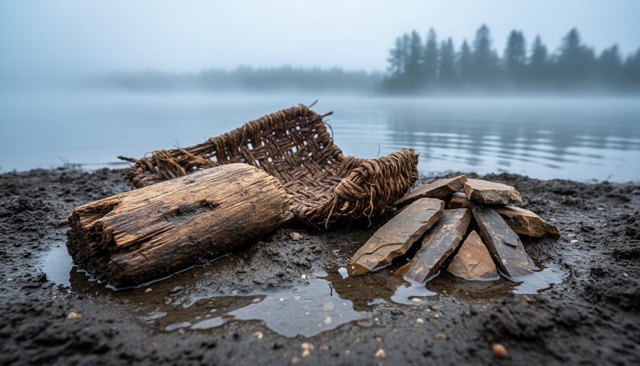 Waterlogged lake sediment with preserved stone tools, a wooden artifact fragment, and woven basket remnants near the misty shore of Lake Williams.