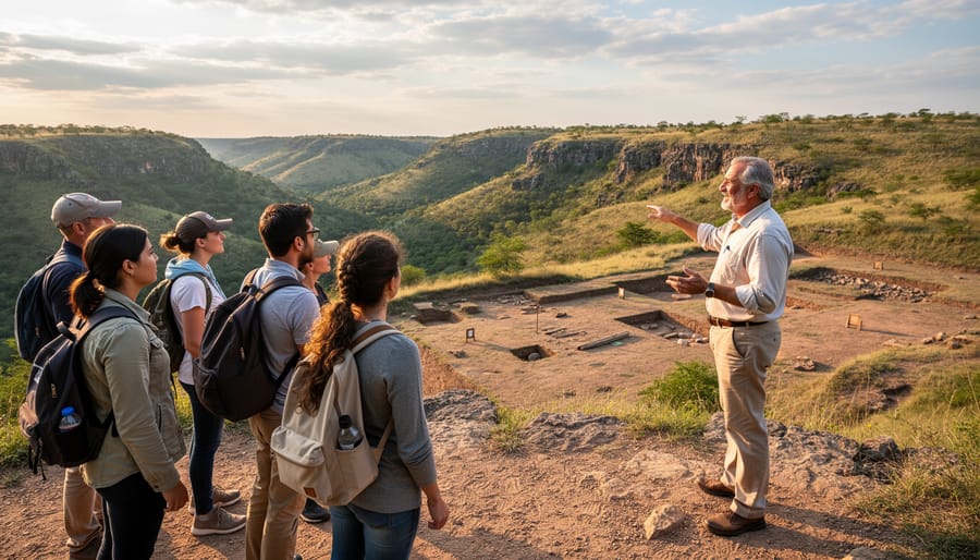People participating in an outdoor interpretive visit near the shoreline with a guide
