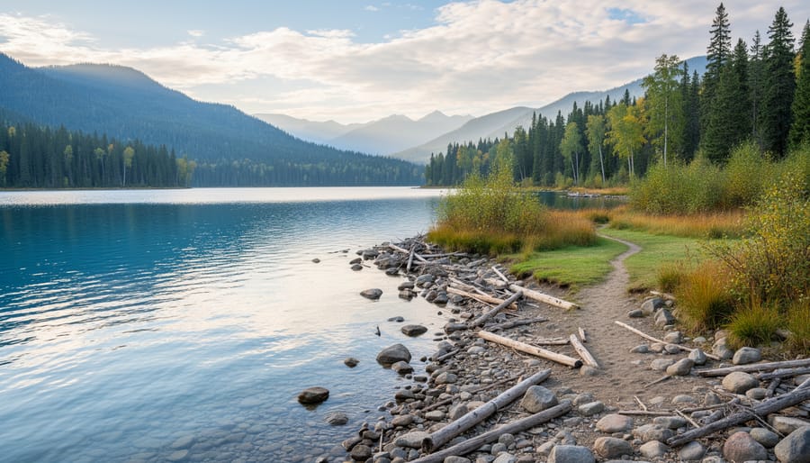 Williams Lake shoreline at dusk with forested surroundings