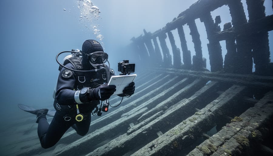 Underwater archaeologist in scuba gear photographing preserved wooden timbers of a shipwreck in cold blue-gray Canadian water.
