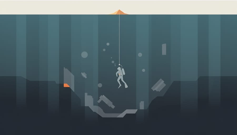 Diver silhouetted as they descend toward a distant shipwreck under a beam of surface light.