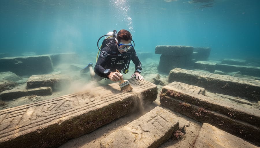 Underwater view of submerged stone features on the seafloor with surface light filtering through.