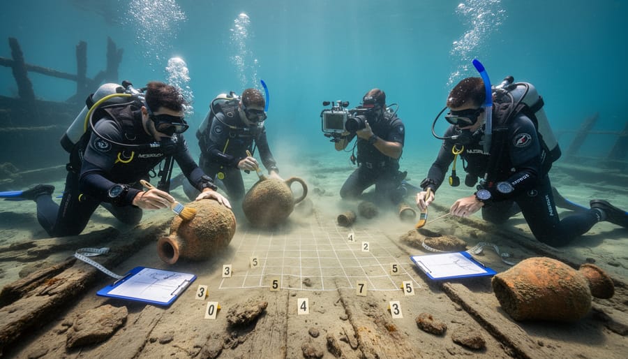 Underwater archaeologist in scuba gear carefully brushing and collecting a small artifact near a shipwreck hull.